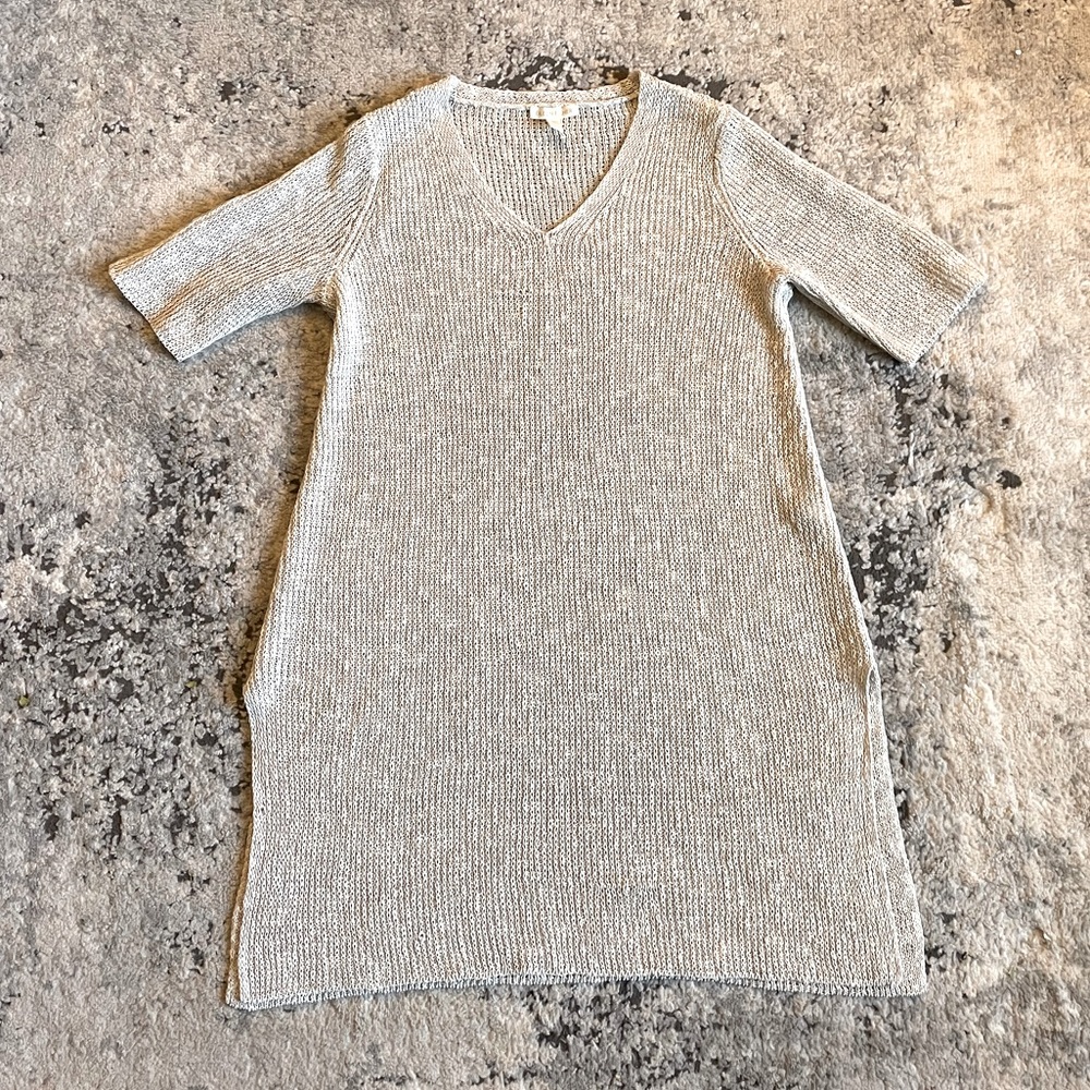 Eileen Fisher Mélange Half Sleeve V Neck Tunic Cream XS Tencel Cotton Linen